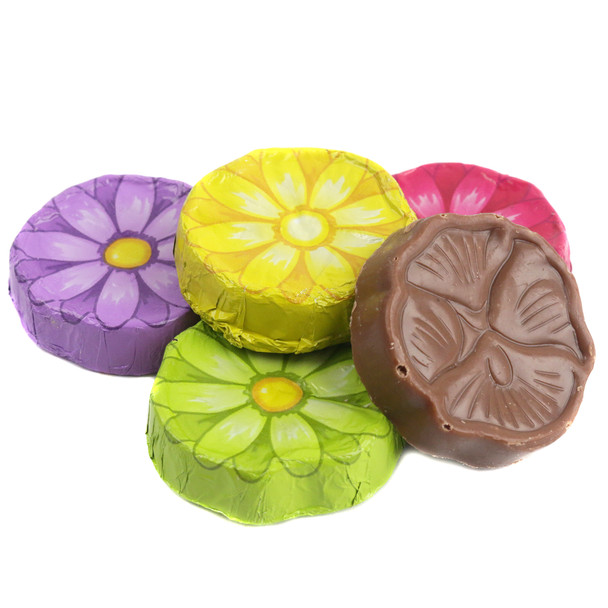 Madelaine milk chocolate gerbera daisy flowers, wrapped in bright foils, approx 50 per pound, Made in USA.