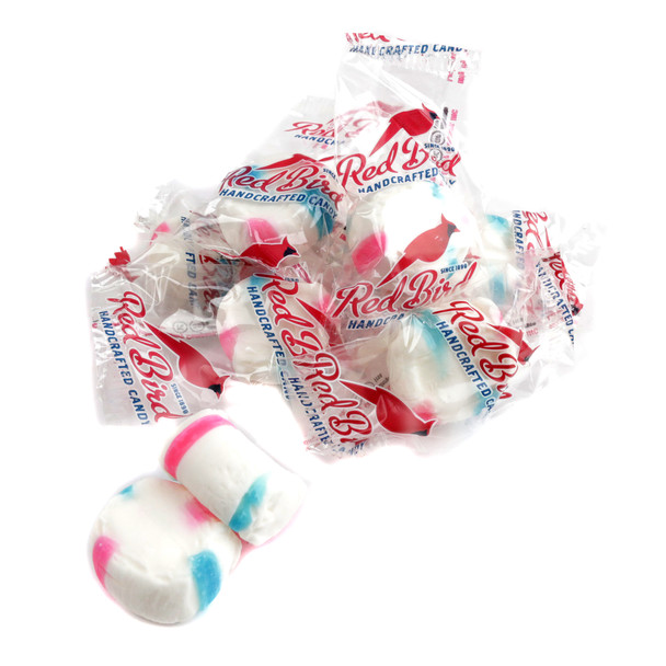 Red Bird Cotton Candy Puffs, vibrant pink & blue striped, melt-in-your-mouth, classic taste, approx 80 pieces per pound.