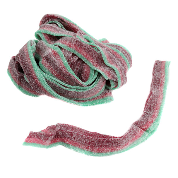 Red and green striped sour watermelon belts, 9-inch long, coated in sour sugar, approx. 50 per pound.