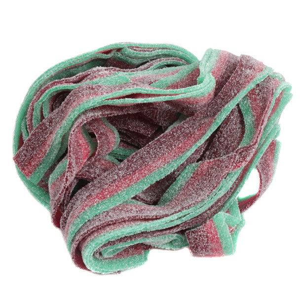 Sour watermelon belts, red and green striped, sugar-coated, approx 9 inches, 50 per pound.