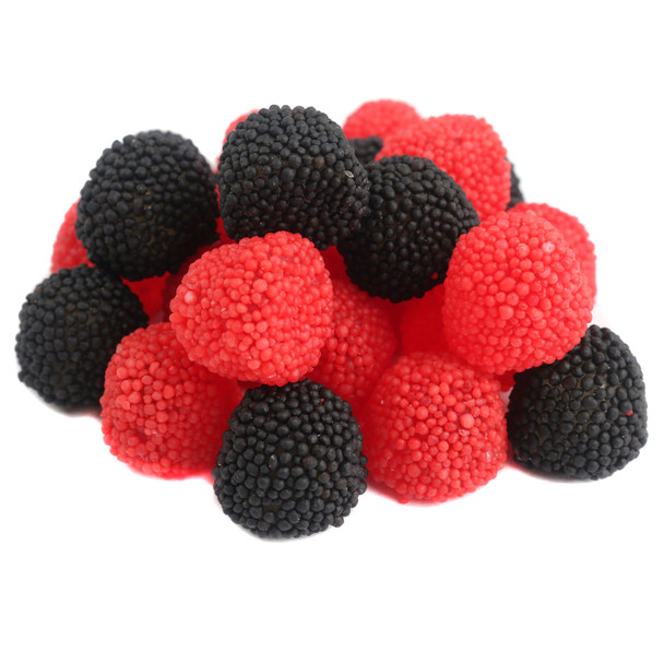 Red and Black gummy berry covered in red and black nonpareil sprinkles.