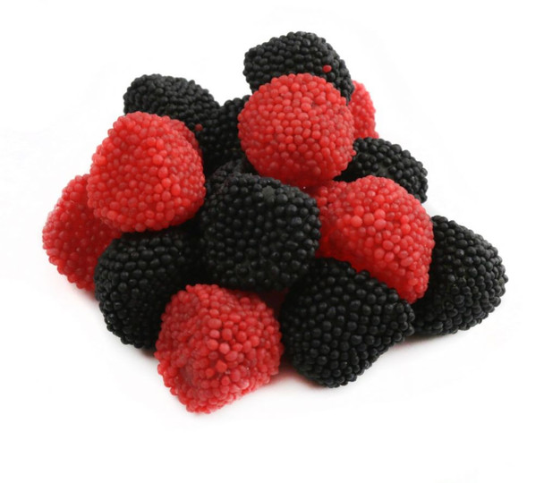 Red & Black Gummy Berries, raspberry & blackberry flavored, chewy with nonpareils coating. Approx 110 per pound.