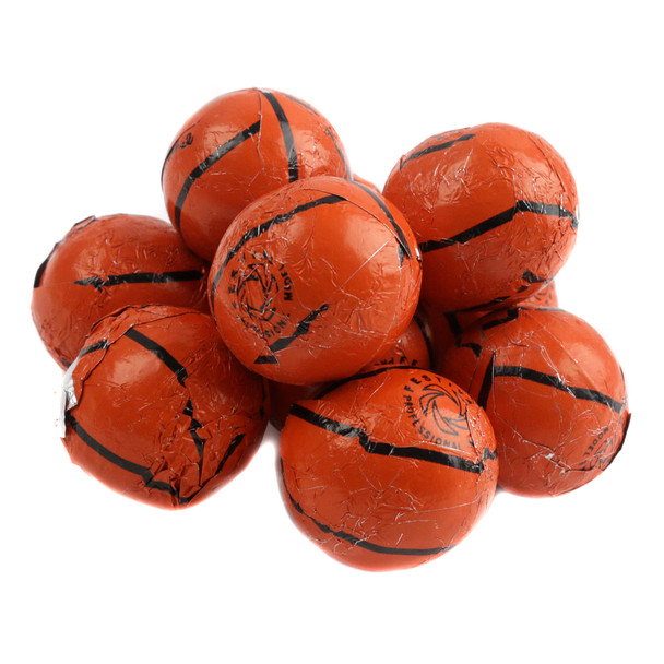 Madelaine pure milk chocolate basketballs, dark orange foil, approx 65 per pound, sports-themed candy.