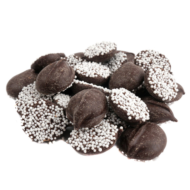 Ashers dark chocolate nonpareils, covered in white seeds. Approximately 90 pieces per 1 lb.