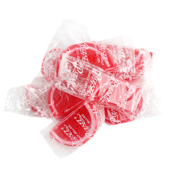 Individually wrapped Raspberry Jelly Fruit Slices, vibrant red center, red and white edge, sugar-coated, approx 32 per lb.