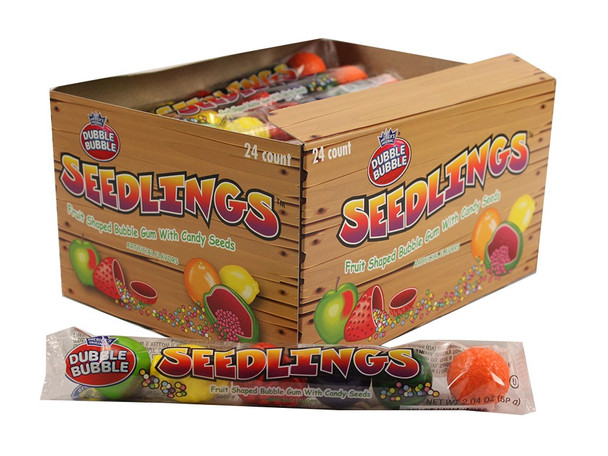 Dubble Bubble Seedlings gumballs, 24x 6-ball tubes. Fruity, crunchy seeds, apple, orange, lemon, strawberry, grape, watermelon.