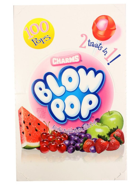100 piece assorted Charms Blow Pops, individually wrapped. Colorful classic vegan lollipops.