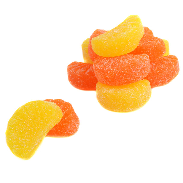 Vibrant orange and lemon citrus jelly candy slices, sugar-dusted, tangy, sweet, juicy, chewy, Made in USA.