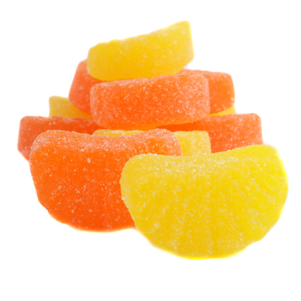 Orange, yellow lemon citrus jelly candy slices, sugar-dusted. Chewy, tangy, sweet. Made in USA, bulk available.