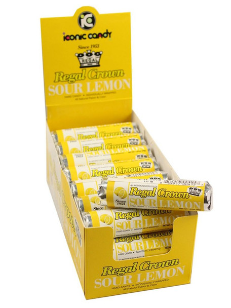 Regal Crown Sour Lemon hard candy rolls, 24-pack box. Tart yellow individually wrapped candies, classic old-fashioned disks.