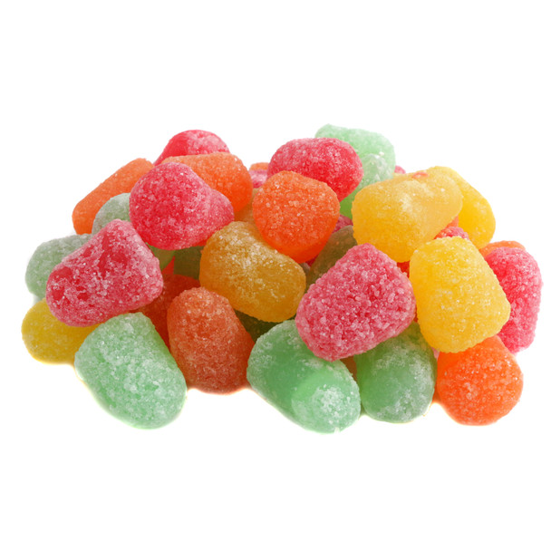 Assorted sour fruit jelly candy drops, vibrant cherry, orange, lime, lemon colors, sour sugar coated, approx 130 pieces per pound, USA.
