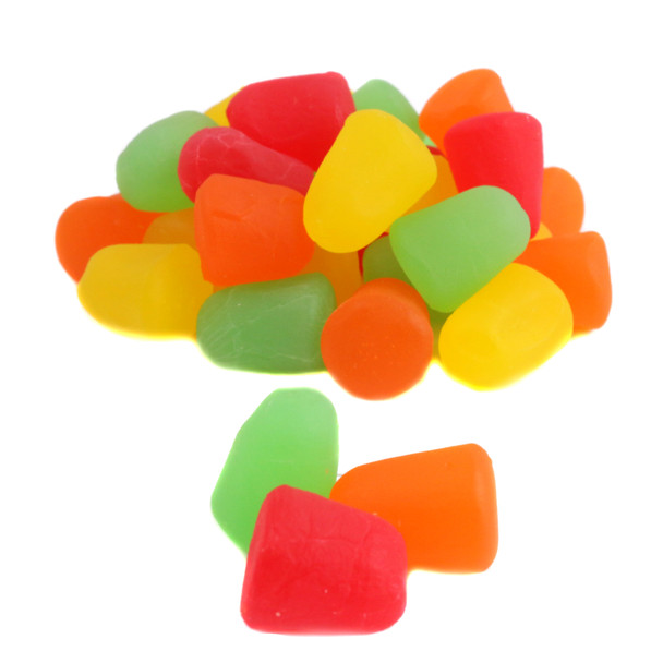 Assorted Juju Drops, brightly colored firm chewy candies in red, orange, yellow, green, approx 150 per pound.
