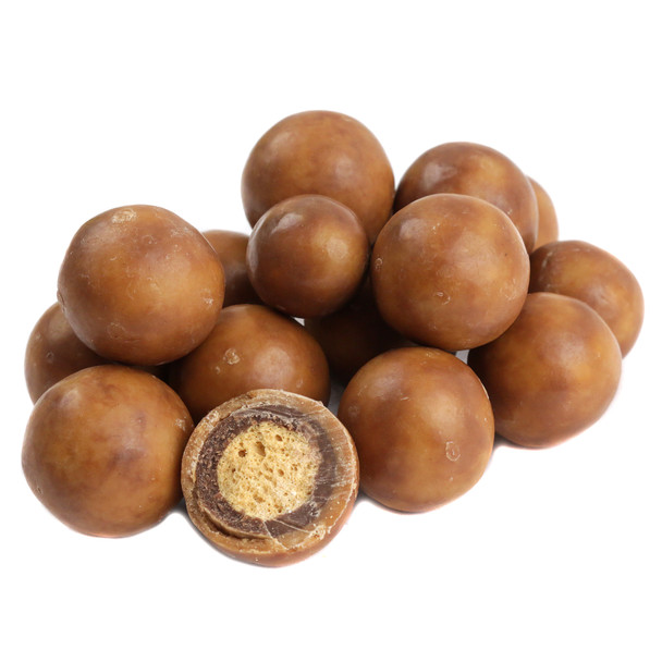 Round peanut butter malt balls, double-dipped with smooth, creamy tan coating. Delicious Made in USA candy.
