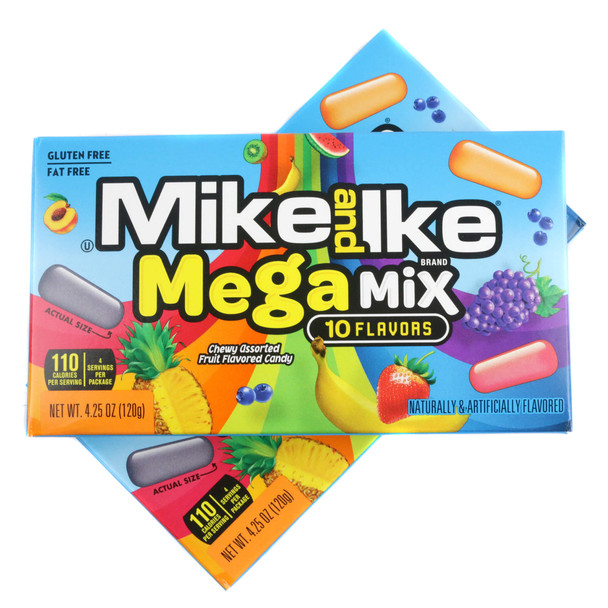 A single 5-ounce Mike and Ike Mega Mix Theater Box featuring bold graphics of the ten different fruit-flavored chewy candies