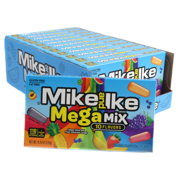 ibrant, multi-colored Mike and Ike Mega Mix chewy candies in shades of red, green, blue, and yellow
