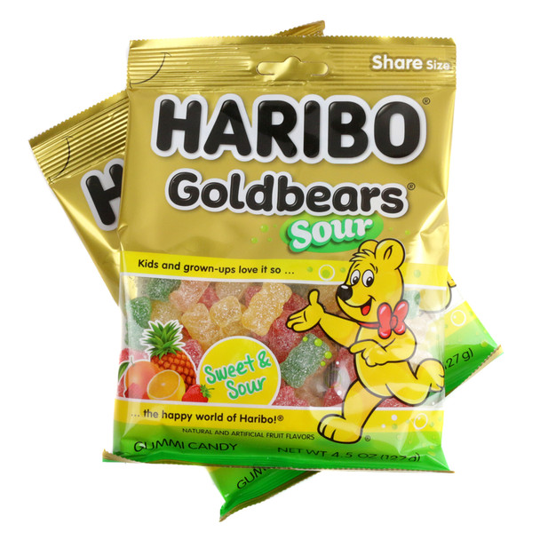 Haribo Sour Gold Bears, 4.5oz bag, colorful lemon, orange, pineapple, raspberry, strawberry gummy candy.