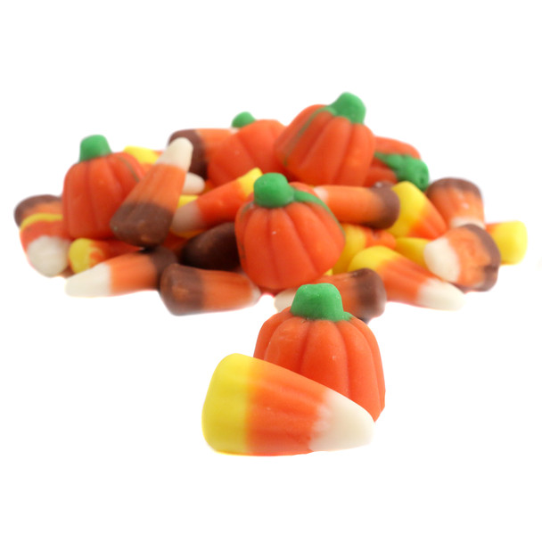 Mellocreme Autumn Mix candy. Orange pumpkins, classic yellow, orange, white candy corn, and multicolored Indian corn pieces.