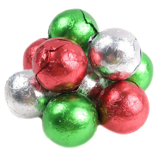 Festive red, silver, green foil-wrapped milk chocolate Christmas balls, approx 74 per pound, 3/4 inch diameter.