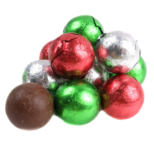 Solid milk chocolate balls individually wrapped in festive green, red, and silver shiny foil wrappers