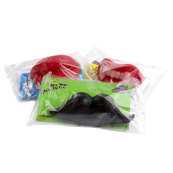 Wack-O Wax 24-pack Halloween candy, assorted 8 wax lips, 8 wax fangs, 8 wax mustaches, individually wrapped.