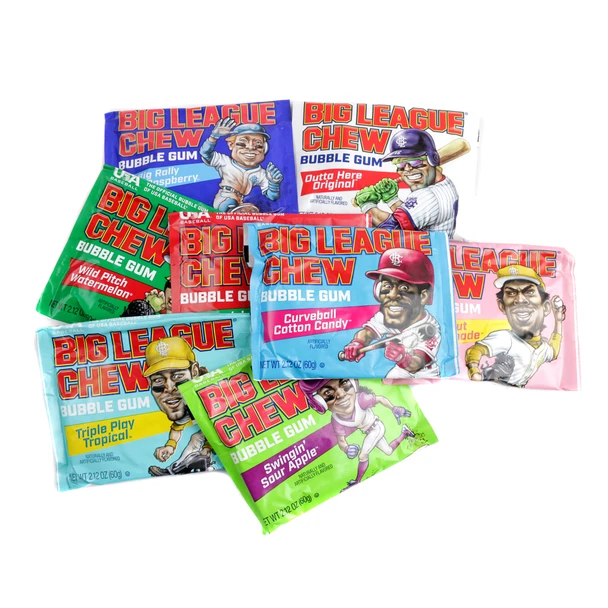 Big League Chew gum assortment, 12 pouches. Original, Grape, Watermelon, Sour Apple, Pink Lemonade, Cotton Candy, Blue Raspberry, Tropical, Strawberry.