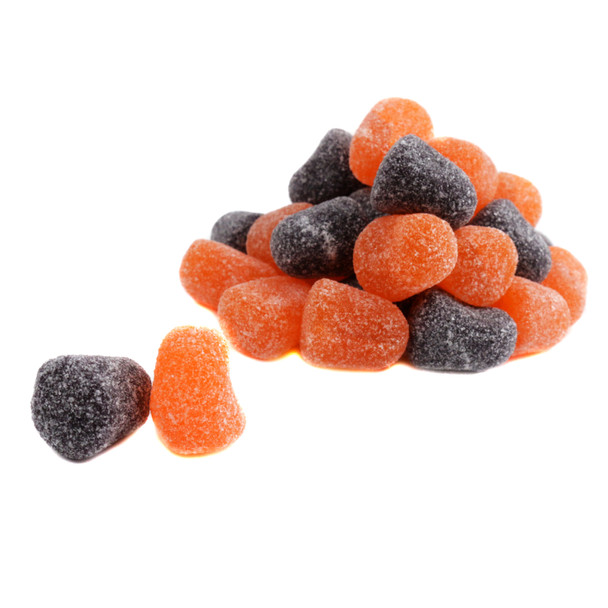 Orange and Black Spice Drops, 60 per pound, chewy Halloween candy, orange & grape flavors, USA made.