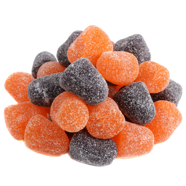 Vibrant orange and classic black chewy Spice Drops, ~60 per pound, perfect festive Halloween candy.