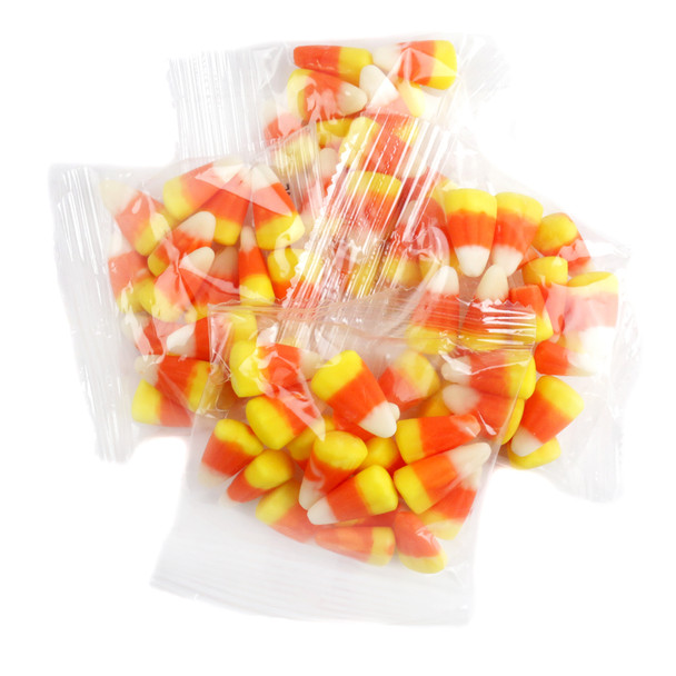 Vibrant yellow, orange, white Candy Corn Mini Bags, 1oz. Ideal for Halloween trick-or-treaters. Made in USA.