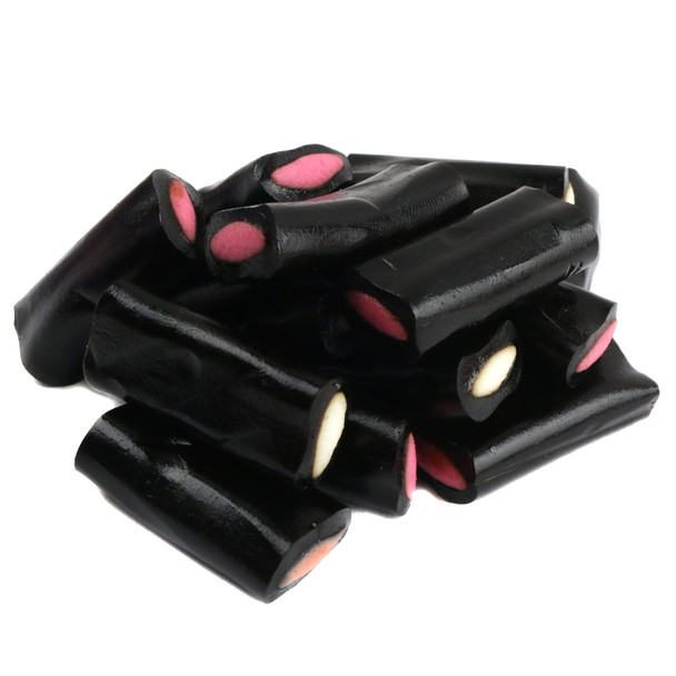 Approximately 100 black licorice bite-sized rocks per pound, revealing sweet cream colored centers. Perfect licorice candy.
