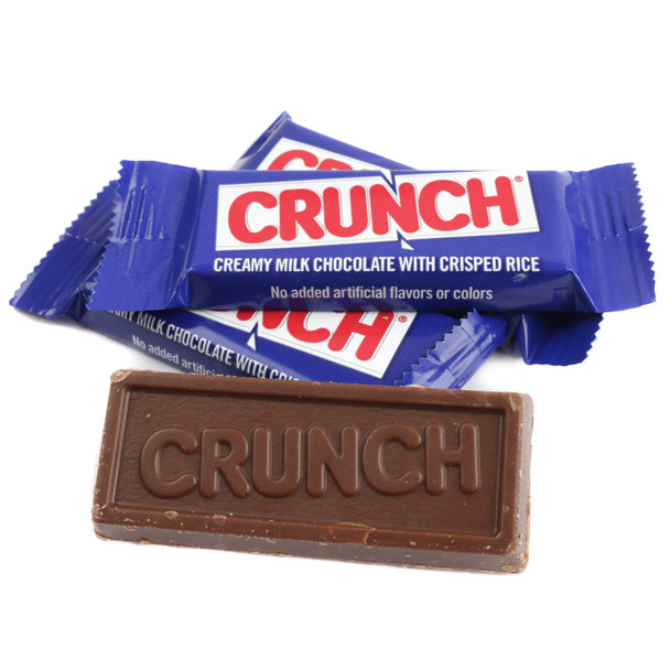 Nestle Crunch Fun Size milk chocolate candy bars, crunchy rice crisps, blue wrappers. Approx. 35 pieces per pound.