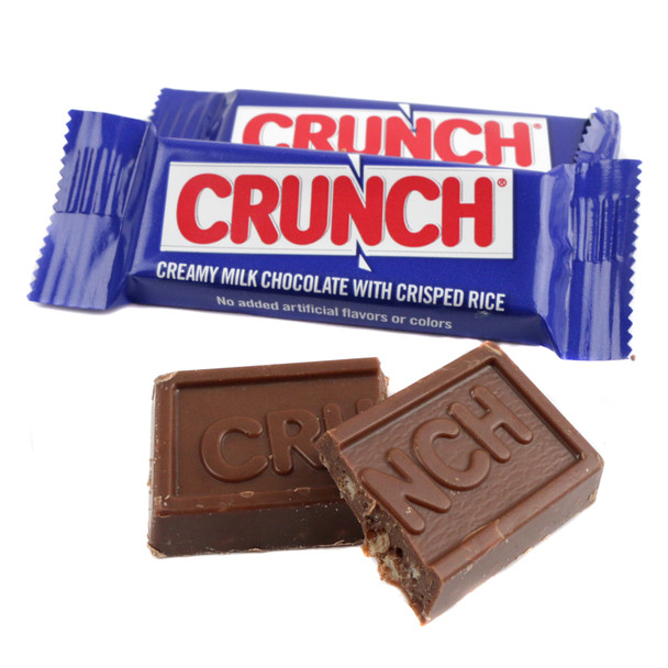 Nestle Crunch Fun Size candy bars in blue packaging. Milk chocolate with crunchy rice crisps, bite-sized, approx 35 pieces per pound.