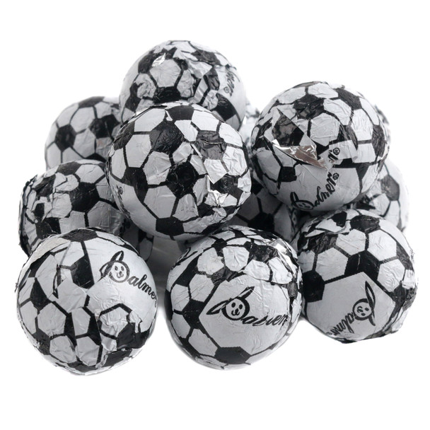 Chocolate flavored soccer balls with bright foil wrappers, approximately 85 per pound.