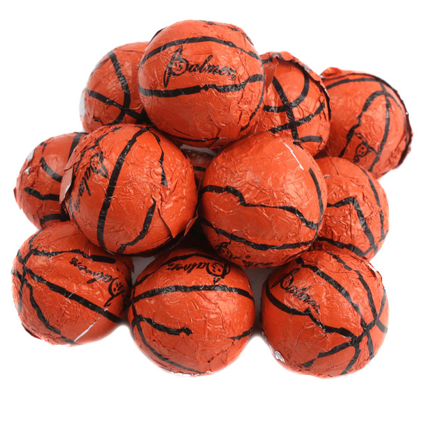 Palmer chocolate flavored basketballs, orange foil-wrapped, realistic shape, approx 85 per pound.