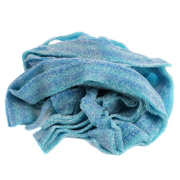 Dorval Berry Blue Sour Belts, 9-inch blue raspberry candy with sour crystals. Approx 50 belts per pound.