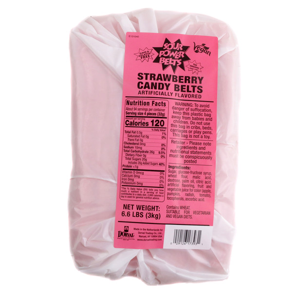 Dorval Strawberry Sour Belts, vibrant pink strips, super sour strawberry flavor, 50 belts per pound.
