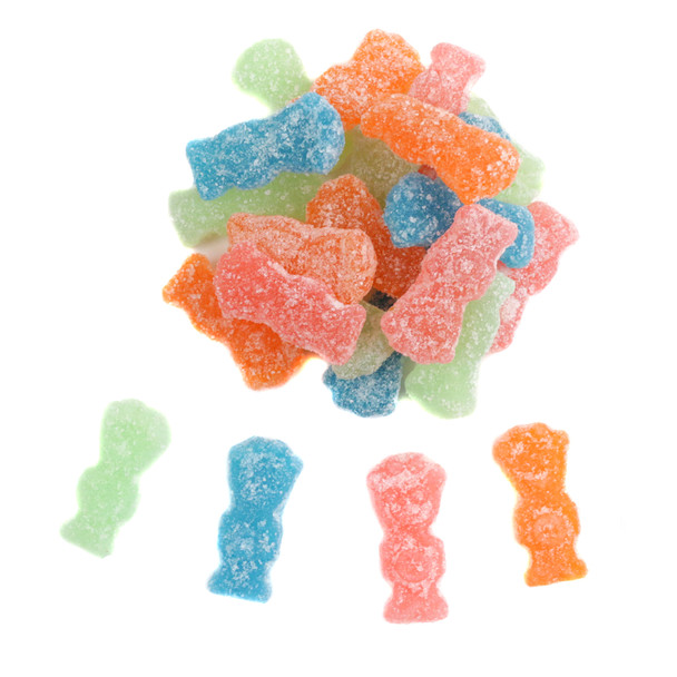 Vibrant green, yellow, orange, red Sour Patch Kids Extreme Sour candies, classic kid shapes, intensely sour.
