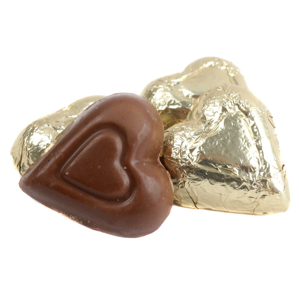 Madelaine gold foil mini milk chocolate hearts, approximately 55 per pound.