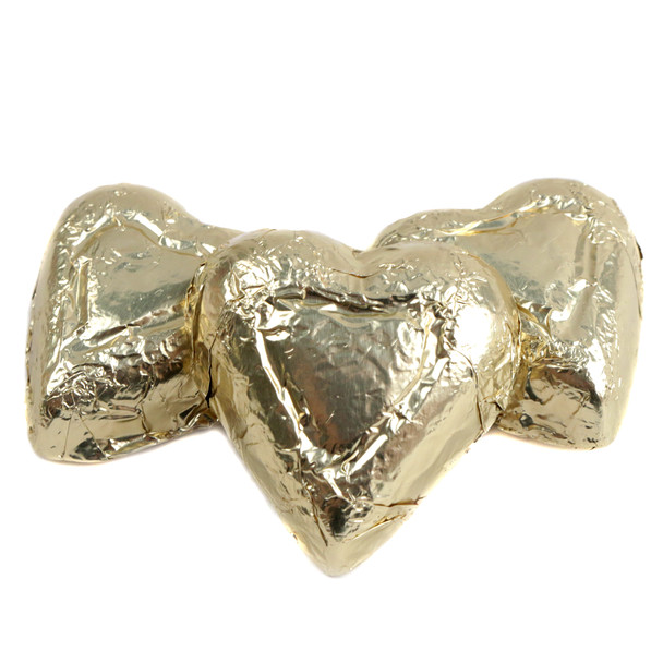 Gold foil wrapped mini milk chocolate hearts, approx 55 per pound. Madelaine Chocolate, perfect wedding candy.