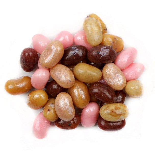 Jelly Belly Krispy Kreme Jelly Beans, a colorful mix of Original Glazed, Strawberry Iced, Chocolate Iced with Sprinkles, Blueberry Cake, Cinnamon Apple flavors.