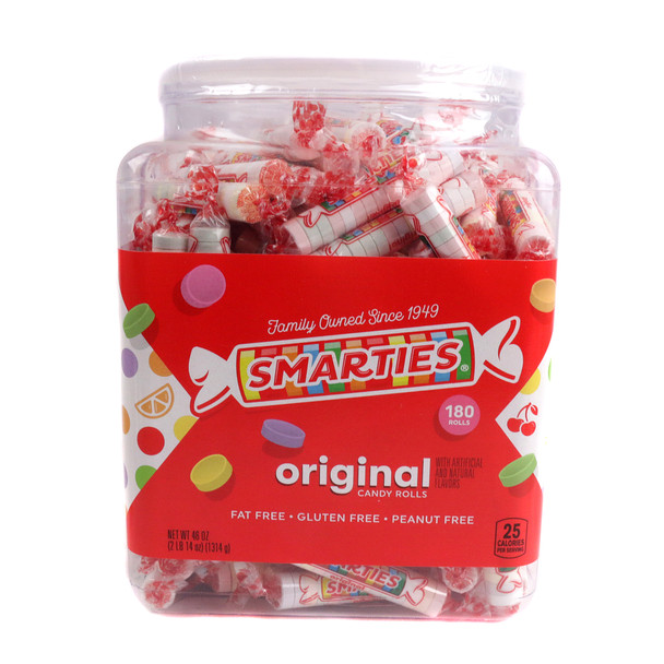 Smarties Candy Rolls jar, 180 individually wrapped pastel colored candy rolls, bulk packed.