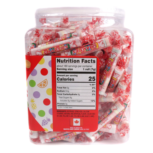 Smarties Candy Rolls jar, 180 pastel colored rolls, gluten-free, vegan.