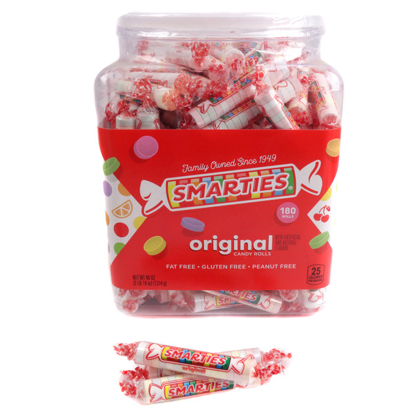Smarties candy rolls in a clear jar, 180 pastel colored, individually wrapped pieces, gluten-free, vegan.
