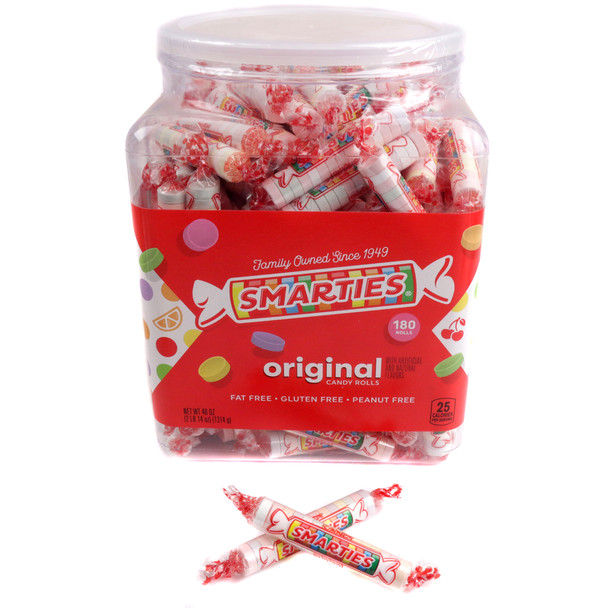 Smarties Candy Rolls 180 piece clear jar, packed with individually wrapped pastel colored candies.