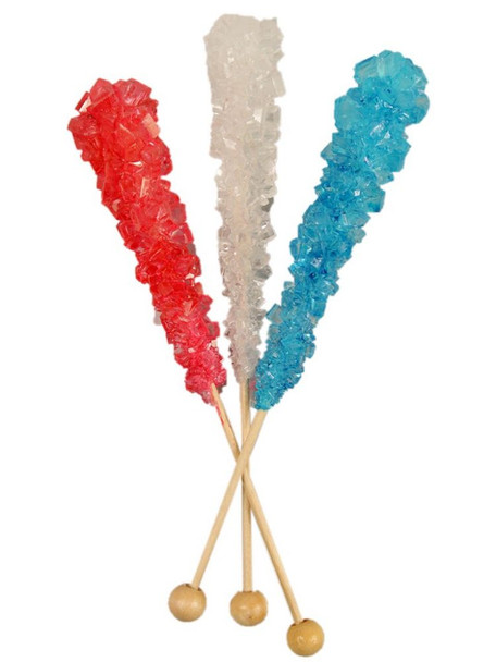 12 individually wrapped 6-inch Red, White, and Blue Rock Candy Sticks, Made in USA.