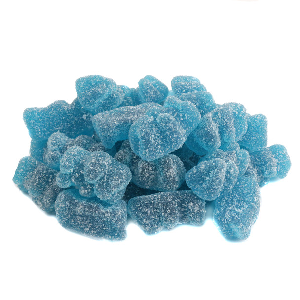 Sour Blue Raspberry Gummy Bears, vibrant blue, approx 130 per pound, dusted with sour sugar, Clever Candy.
