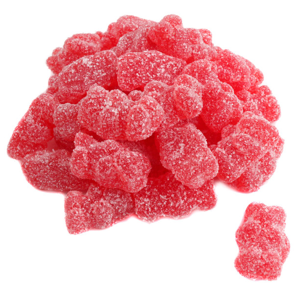 Vibrant red Sour Cherry Gummy Bears, coated with sour sugar crystals. Sweet and sour bulk candy, about 130 per pound.