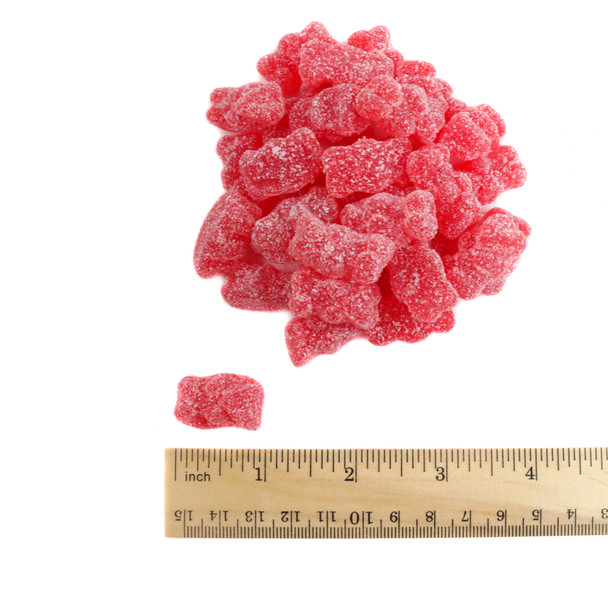 Red sour cherry gummy bears, coated in sparkling sour sugar crystals, bulk 1lb bag, approx 130 pieces, sweet and tart.