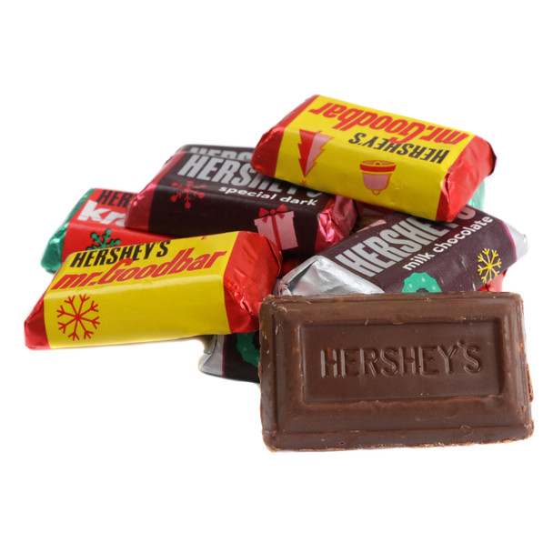 Hershey Miniatures Christmas mix, about 50 foil-wrapped chocolate bars with festive red, green holiday packaging.