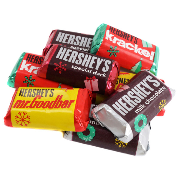 Hershey Miniatures Christmas Bars, 50 per pound, classic foil-wrapped holiday chocolate candy mix, festive packaging.