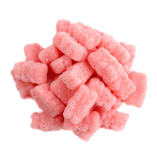 Pink Sour Watermelon Gummy Bears, covered in sparkling sour sugar crystals, approximately 130 pieces per pound.